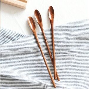 NEW 3pcs Wood Coffee Mixing Spoons, Long Handle Round Spoons